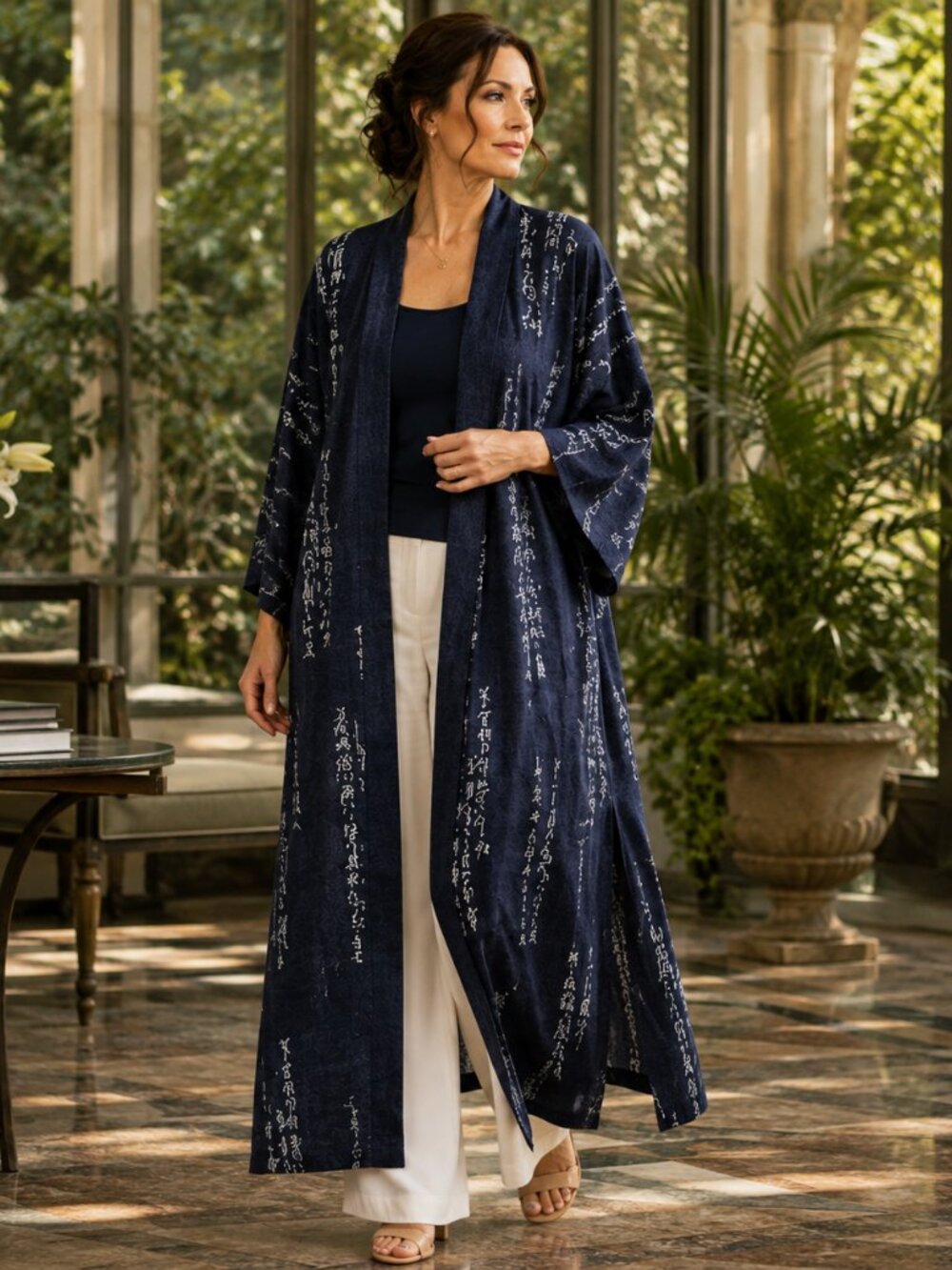 Navy Blue Asian Calligraphy Jacquard Kimono Robe Duster Long Open Front